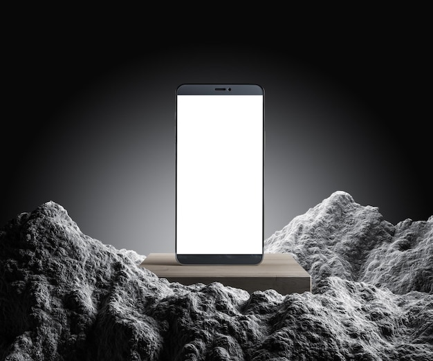 Leeg witte smartphone op creatief voetstuk met rotsberg op grijze achtergrond met mock-up plaats Presentatie concept 3D Rendering