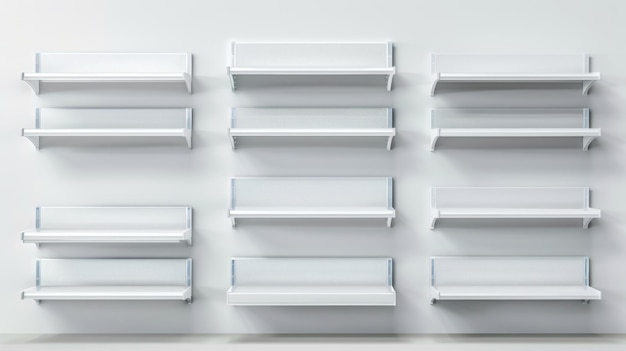 Leeg witte supermarkt plank mockup met rekken voor het weergeven van producten Realistische 3D-illustratie van een boekstand in verschillende hoeken Leeg mockup van winkel promotie apparatuur