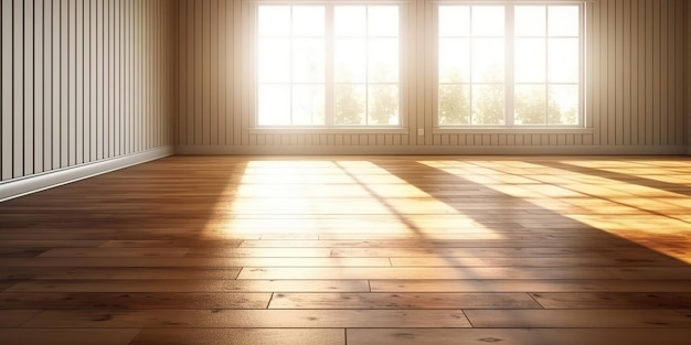 Leeg zonnelichte kamer met groot raam en houten vloer Architectuur binnenshuis decoratieve mock-up scène