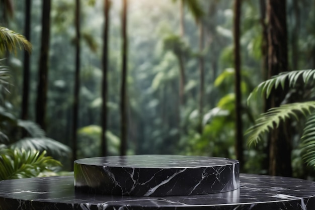 Leeg zwart marmer minimalistisch modern afgerond podium met wazige regenwoud jungle achtergrond