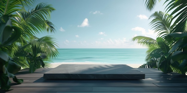 Foto leeg zwart marmer product display podium met zee en palmboom achtergrond