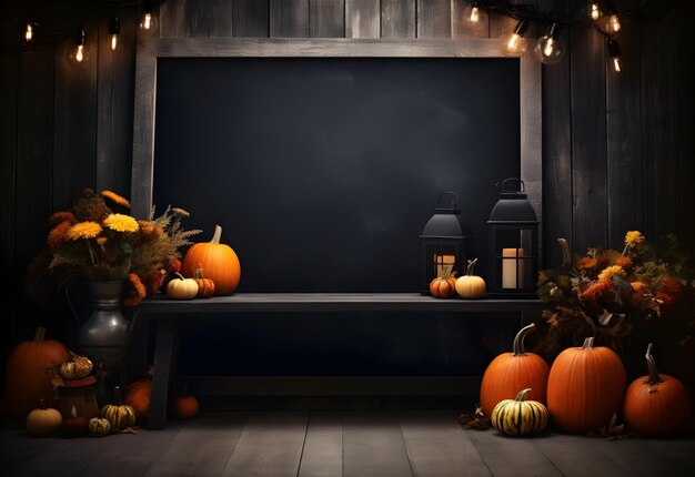 Leeg zwarte halloween tafel mockup met blackboard pompoenen kaarsen herfstbloemen spookachtige decoratie en donkere mystieke achtergrond gegenereerd door AI