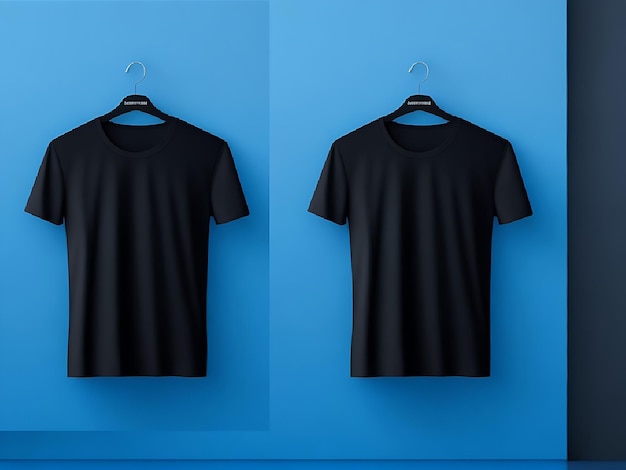 Foto leeg zwarte t-shirts op blauwe achtergrond op de muur productontwerp en presentatieconcept mockup logo