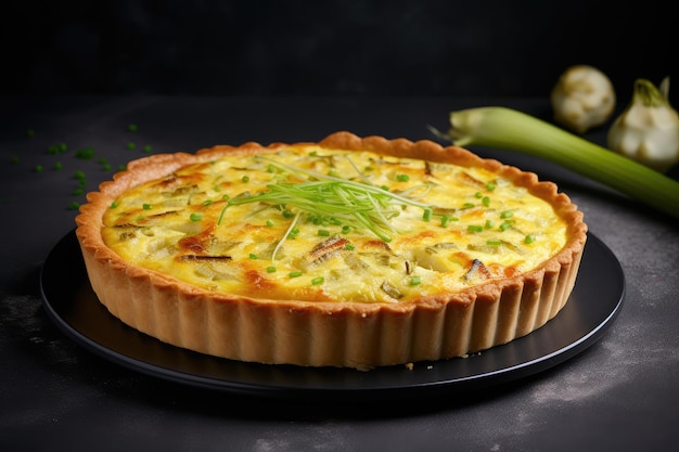 Leek and cheese quiche on a gray background