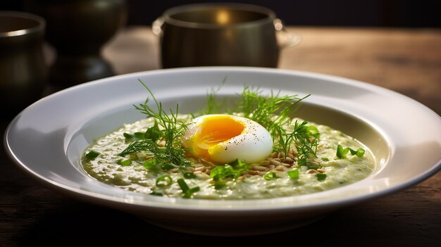 Photo leek porridge with a poached egg on a dish