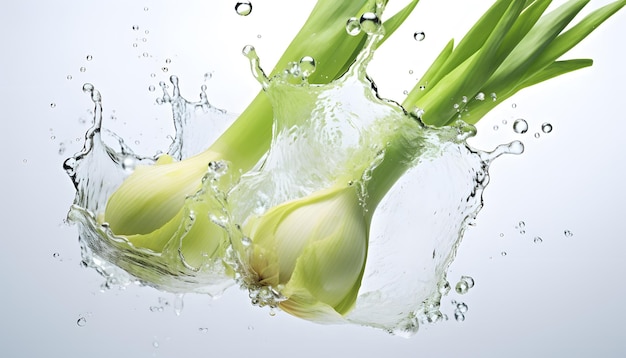 leek vegetable falling into water product showcase illustration