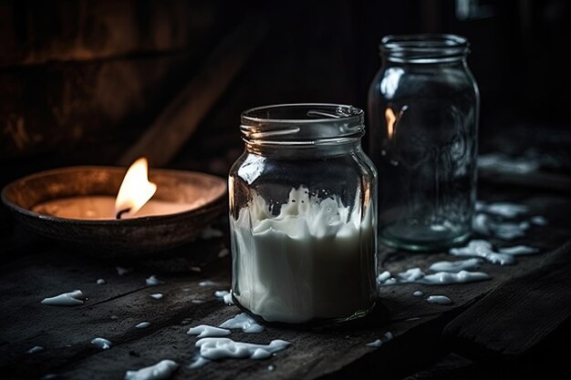 Leer glazen flessen met zuivelproducten op de tafel Generatieve AI