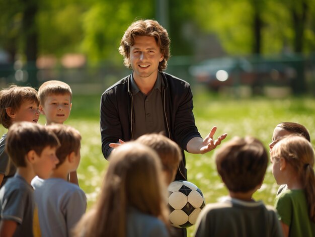 Leerkrachten zitten met een bal in het veld.