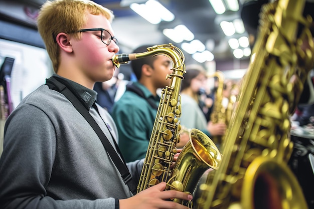 Leerling saxofonisten oefenen in een fanfare van een school