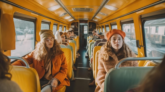 Leerlingen in de schoolbus op weg naar school in de ochtend in koud weer met jassen