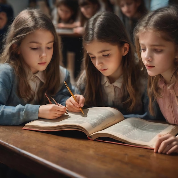 Leerlingen kijken naar een pagina van een interessant boek