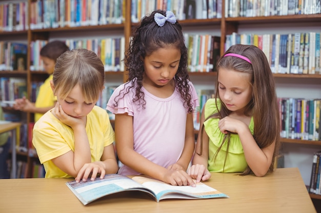 Leerlingen lezen boek samen in de bibliotheek