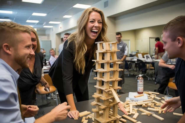 Foto leerlingen spelen een spelletje houten blokken met een fles whisky.