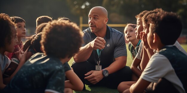 Leerlingen van de basisschool worden gecoacht door een sporttrainer Generative Ai