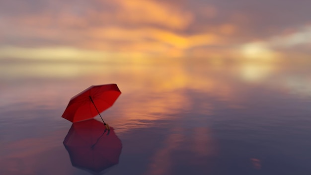 Lees paraplu op een strand in zonsondergangtijd (3d rendering)