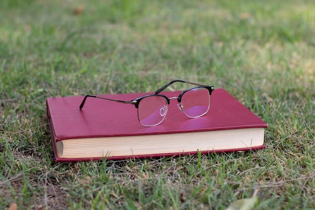 Leesbril op een boek en allebei op gras in de natuur