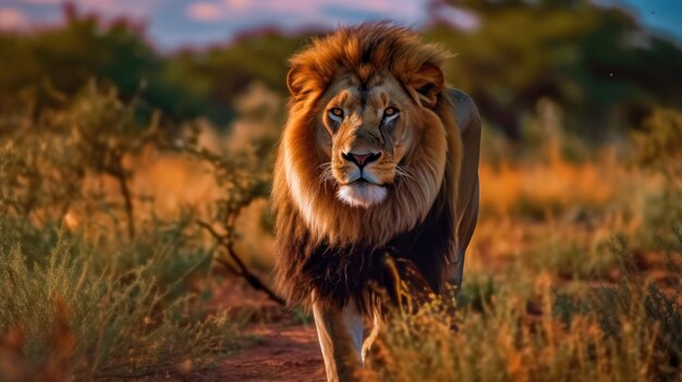 leeuw die op jacht staat in de savanne achtergrond