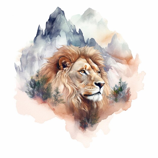 Leeuw Dubbele belichting van een leeuw en natuurbergenbomen in aquarelkunst