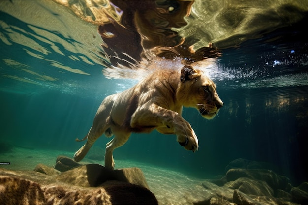 Leeuw duikt onder water Mooie illustratie foto Generatieve AI