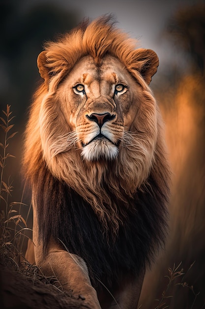 Leeuw met een majestueuze uitdrukking die zijn koninkrijk onderzoekt vanuit een hoog uitkijkpunt generatieve ai