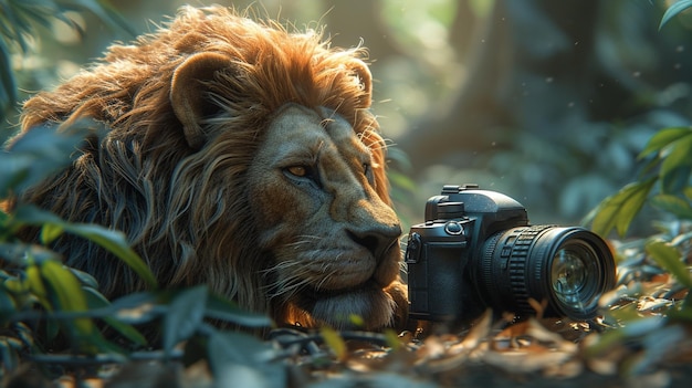 Leeuw met een professionele camera in het bos