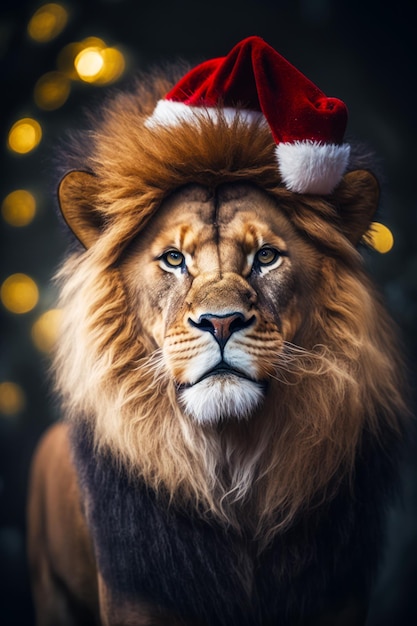 Leeuw met kerstmuts op zijn kop en kerstboom op de achtergrond Generatieve AI
