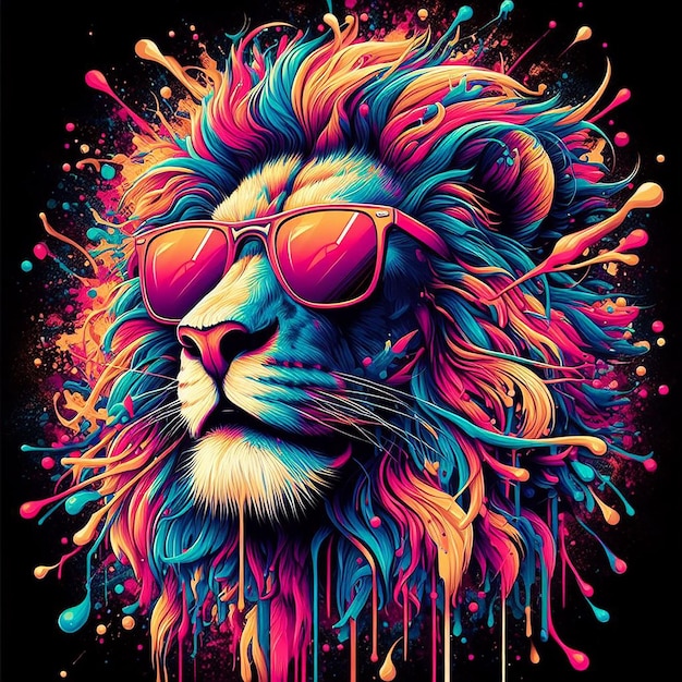 Leeuw met zonnebril in neon kleuren splash generative ai