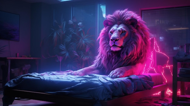 Leeuw staande neon slaapkamer muur naast paard bed illustratie foto Ai gegenereerde kunst