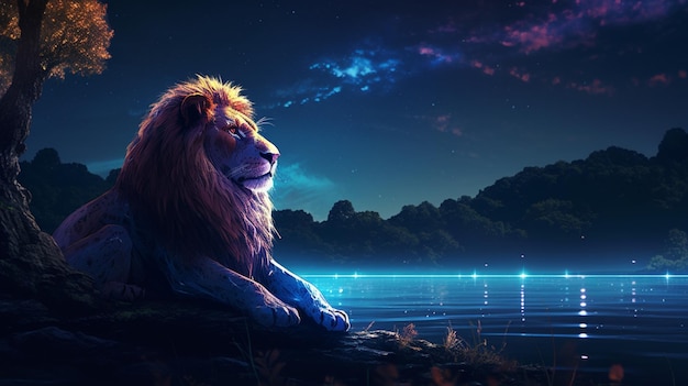 Leeuw zit aan de oever van de rivier neonlicht gloeiende illustratie foto Ai gegenereerde kunst
