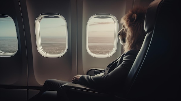 Leeuw zit in het vliegtuig op de stoel bij het raam generatieve AI