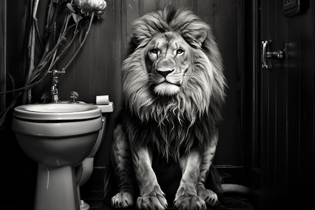 Leeuw zit op het toilet, Leo zit.