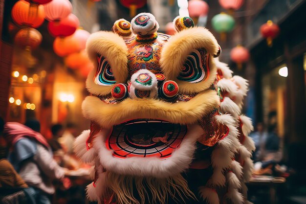 leeuwendansshow op het Chinese nieuwjaarsfeest