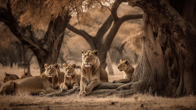 Leeuwenfamilie onder een boom in de serengeti