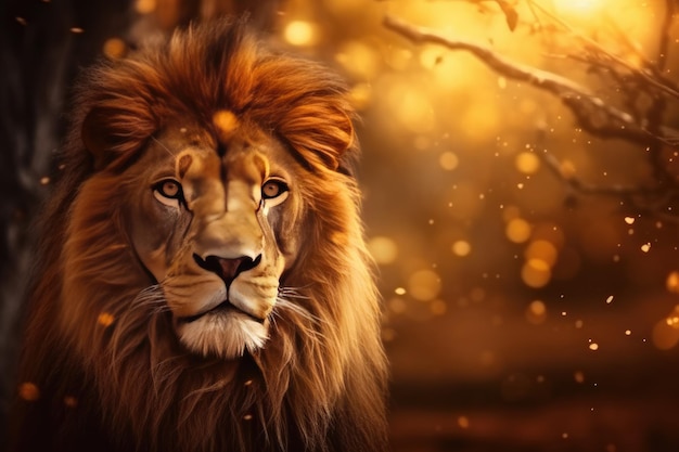 Leeuwenkoning dier van de natuur met donkere gouden achtergrond Generatieve Ai