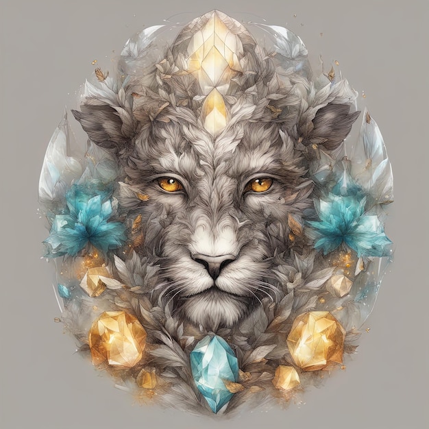 leeuwenkop met kroonwaterverf handgetekende leeuw met gouden kroon en rozen