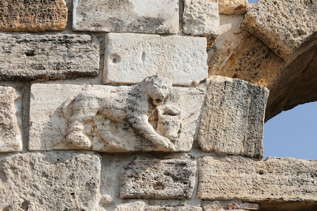 Leeuwenstandbeeld boven de poort van de oude stad van Hierapolis, Turkije