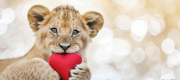 Foto leeuwenwelp met hartvormig geschenk valentijnsdag dieren in magisch ontfocusd achtergrondtekstgebied