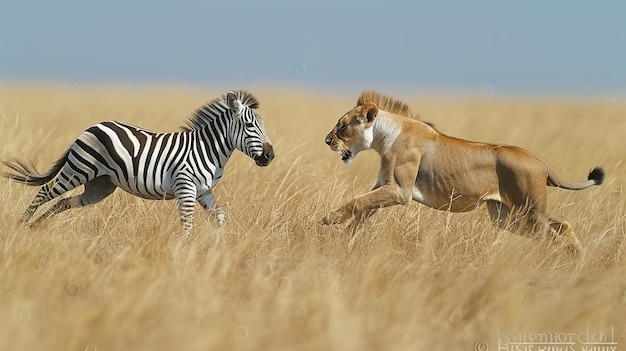Leeuwin valt zebra aan die de ruwe intensiteit van roofdieren en prooien in de Afrikaanse savanne toont.