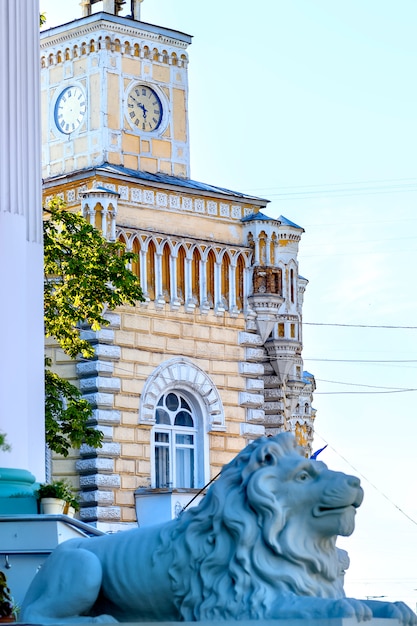 Leeuwstandbeeld dichtbij gemeentegebouw in Chisinau