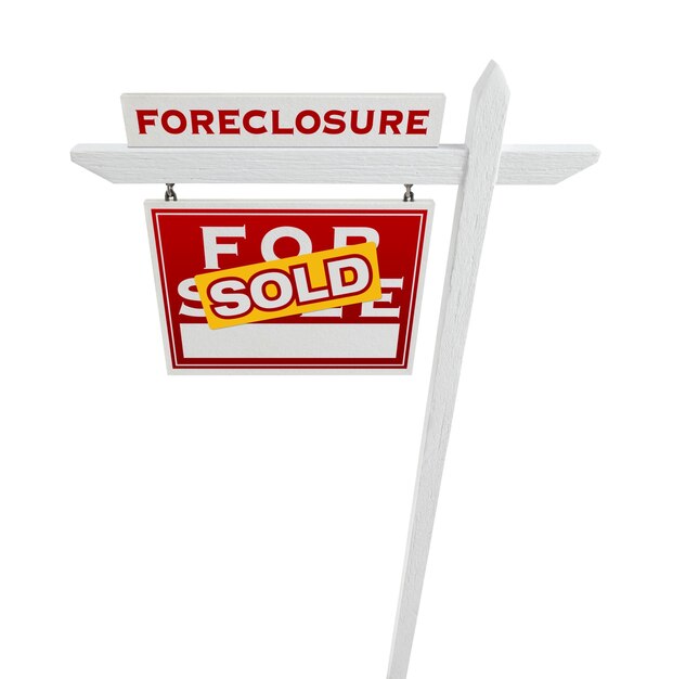 Left Facing Foreclosure Sold For Sale Real Estate Sign Isolated on White