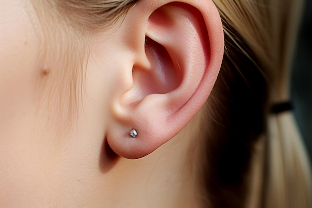 Left female ear with small earring closeup side view