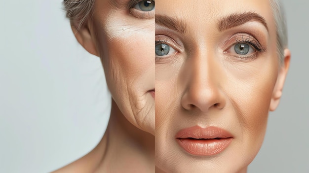 Photo the left half of the image shows a womans face with wrinkles and age spots