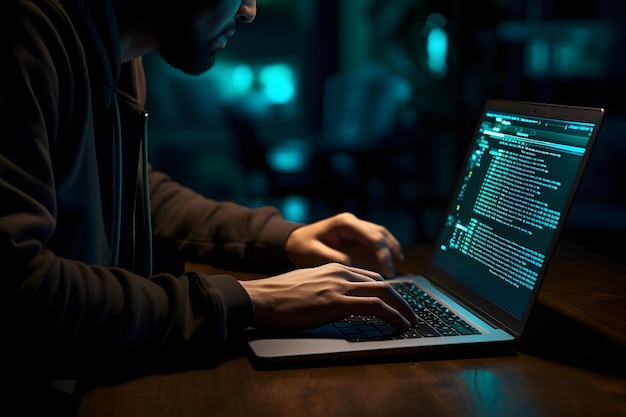 A left handed computer programmer coding on a laptop