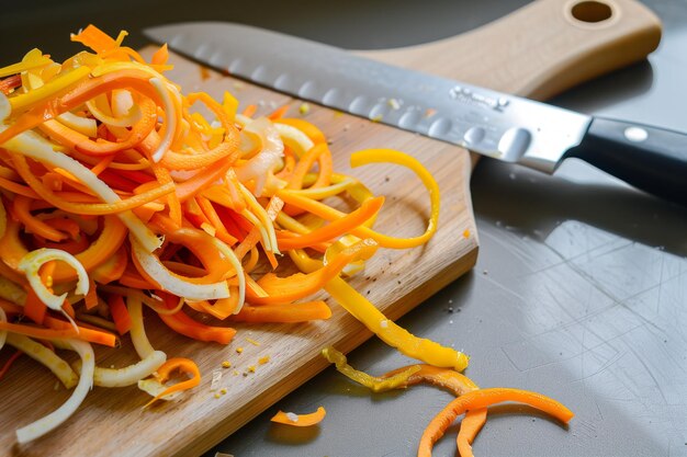 Leftover vegetable peels piled next to a cutting board with a knife