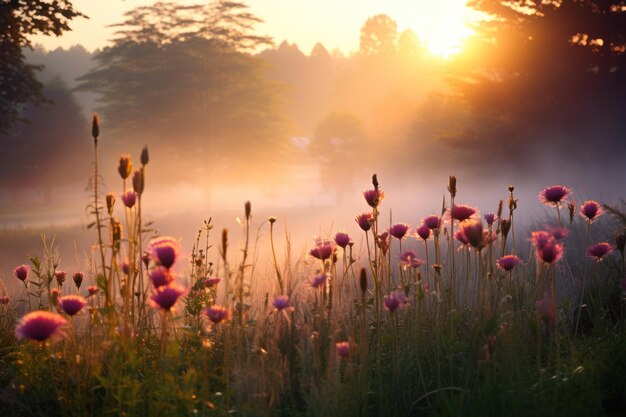 Leg de serene schoonheid van een weelderige, zonovergoten weide vast tijdens zonsopgang