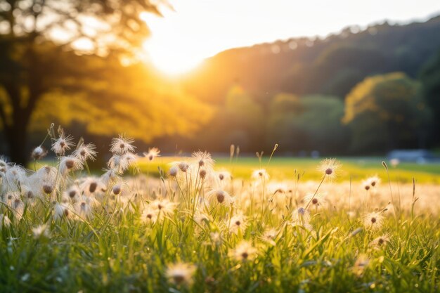 Leg de serene schoonheid van een weelderige, zonovergoten weide vast tijdens zonsopgang