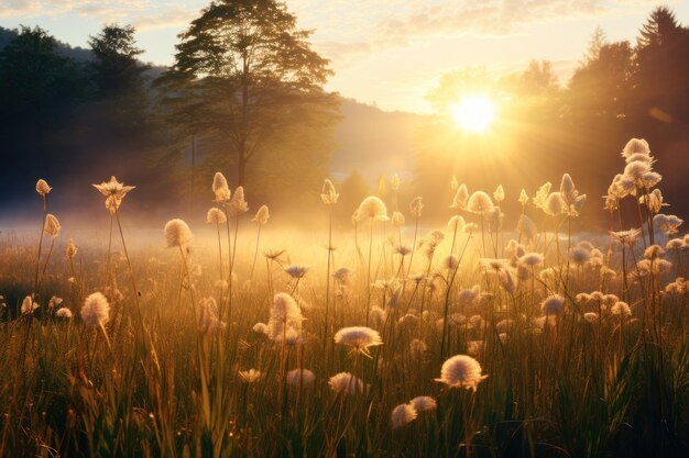 Leg de serene schoonheid van een weelderige, zonovergoten weide vast tijdens zonsopgang