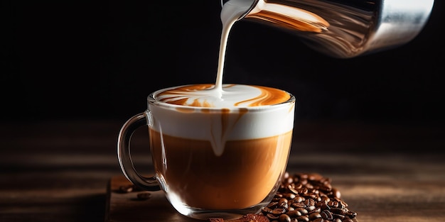 Leg een platte kop koffie op een gele achtergrond cappuccino top view