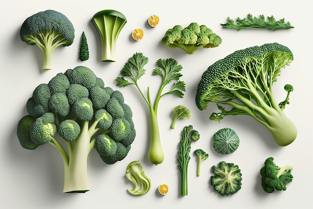 Leg verschillende soorten kool, broccoli, bloemkool plat op een witte tafel