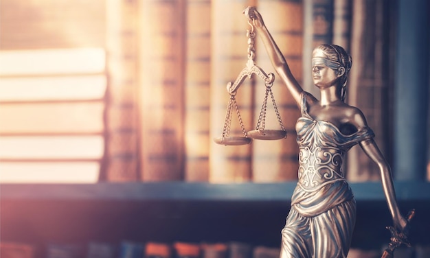 Legal law concept image, Statue of justice on library background